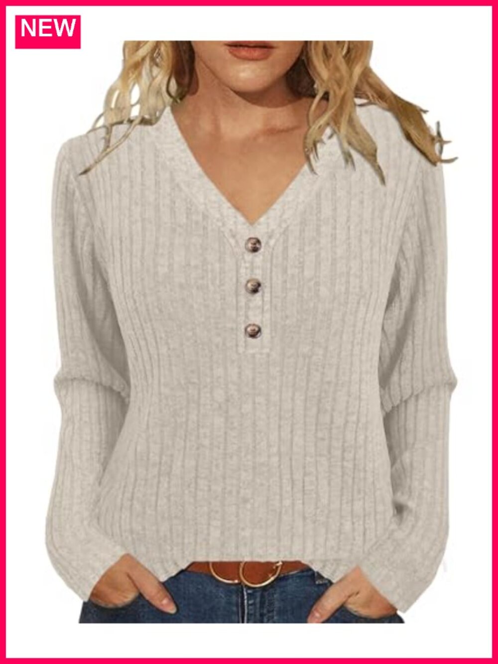 Womens V Neck Button Accent Rib Knit Sweatshirt Tunic Top